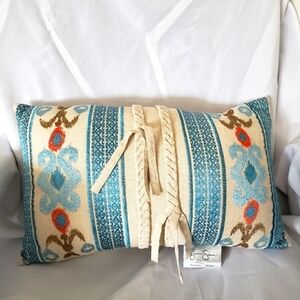 Jessica Simpson Embroidered Boho Decorative Throw Pillow Linen Rayon Sand Teal